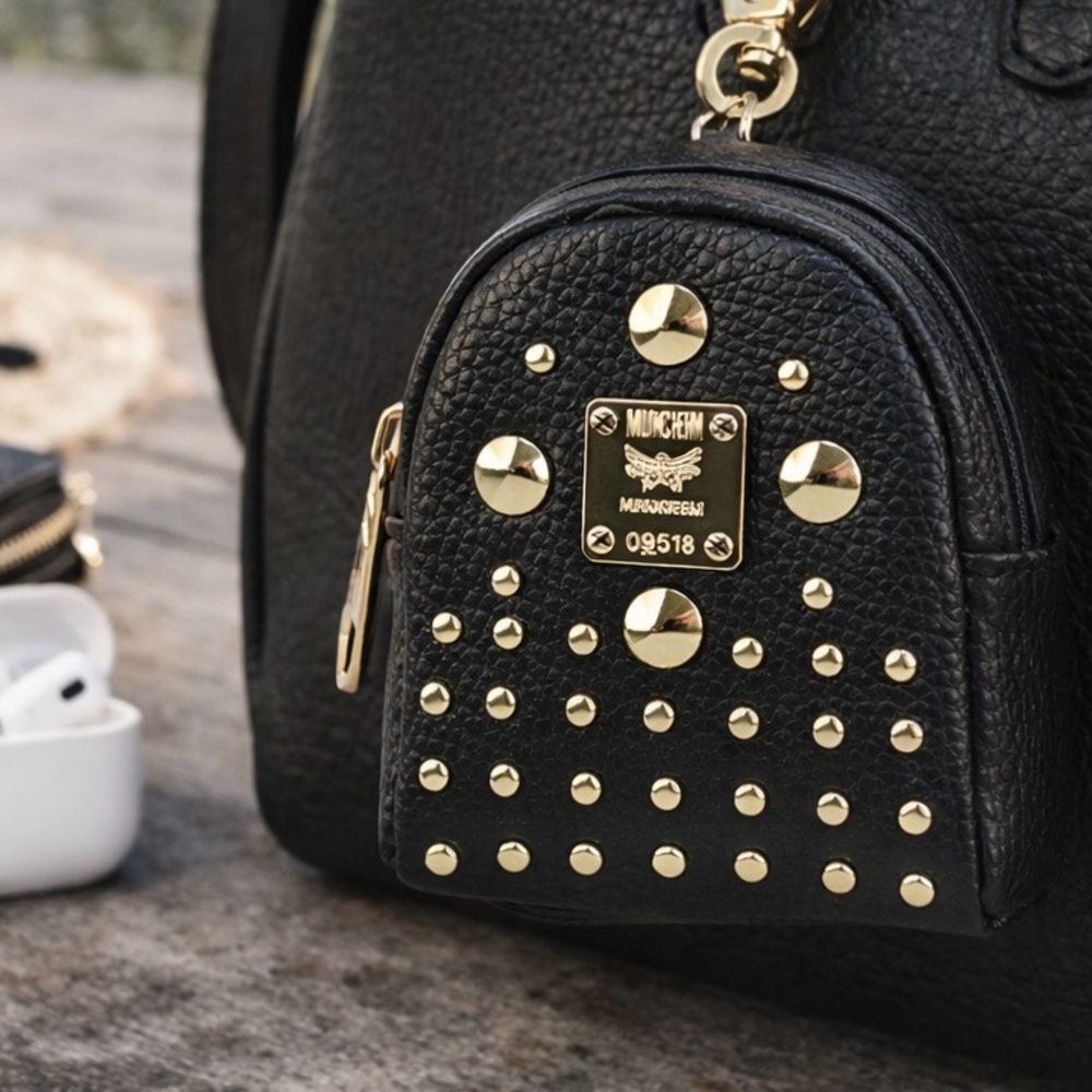 NEW Black/Gold Studded Mini Backpack Bag Charm Keychain – Earbud Case